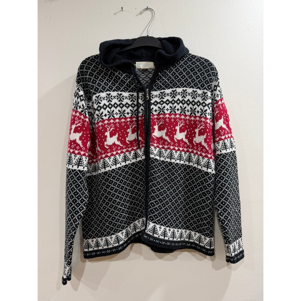 Studio Works Sweater Hoodie Women M Black Red Great Fair Isle Reindeer Zip Up